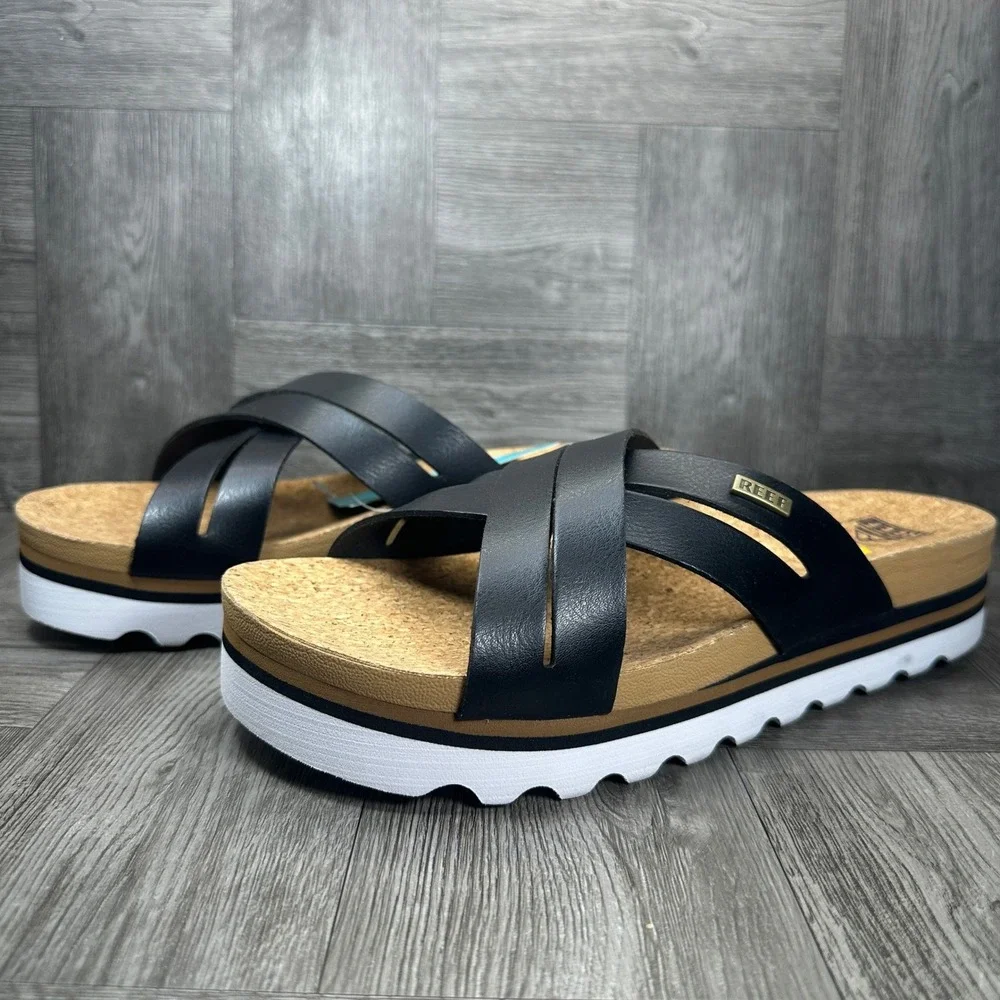 Reef Vista Hi Sandals Women 10 Black Platform Vegan Leather Cork Slide NEW